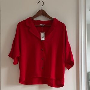Relaxed Button-Front Red Blouse - Women's Top